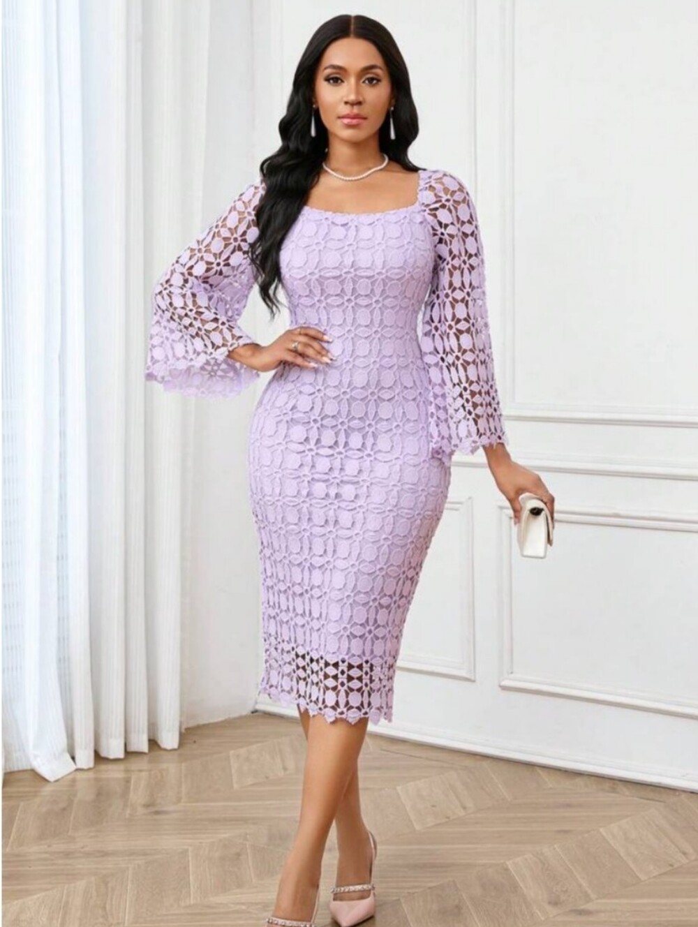 SHEIN Crochet Lace Lilac Purple Wedding Guest Party Dress Lace XL Bell Sleeves